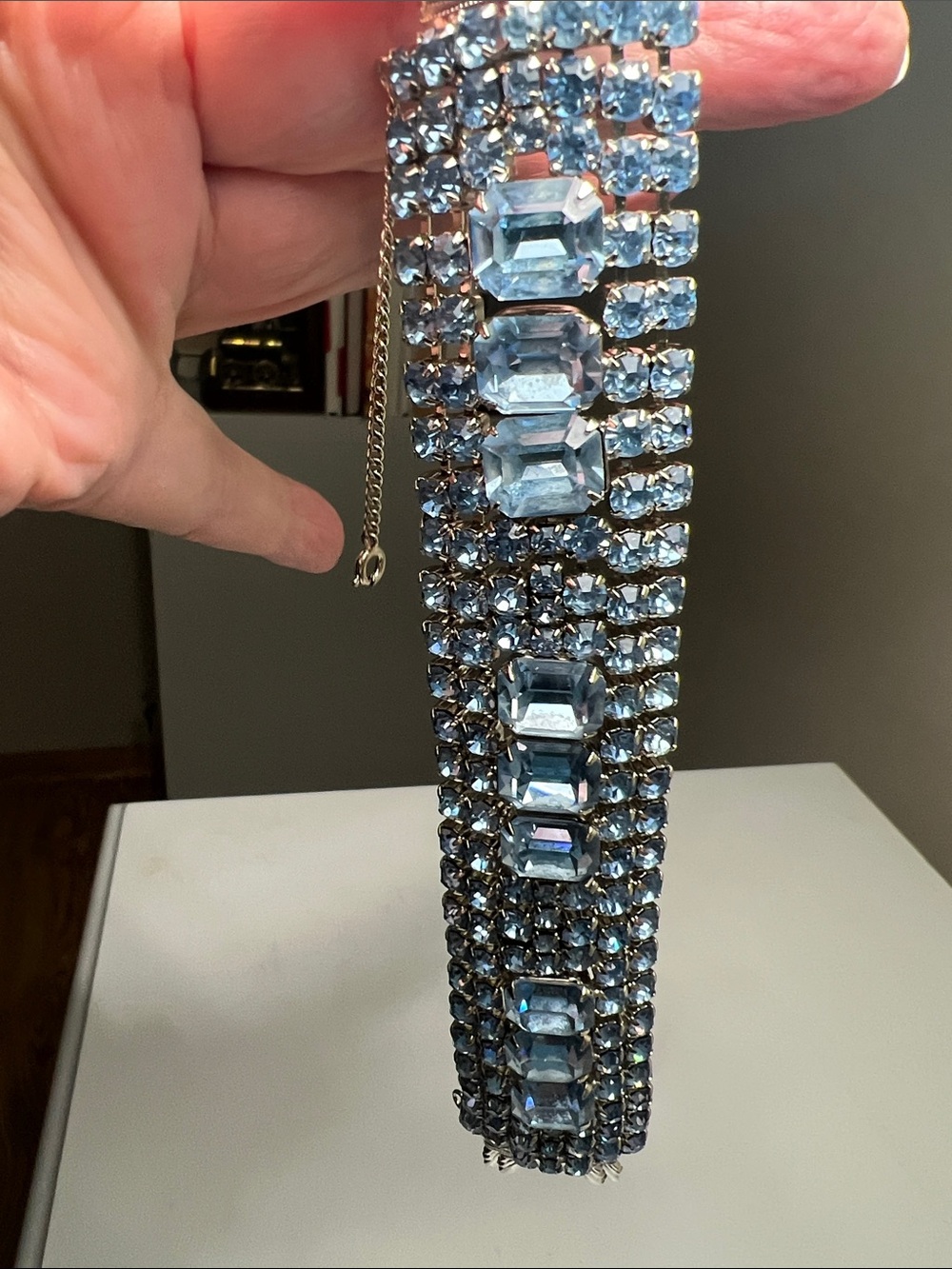 Vintage Brilliant Blue Crystal & Silver Bracelet with Safety Chain - Picture 4 of 16